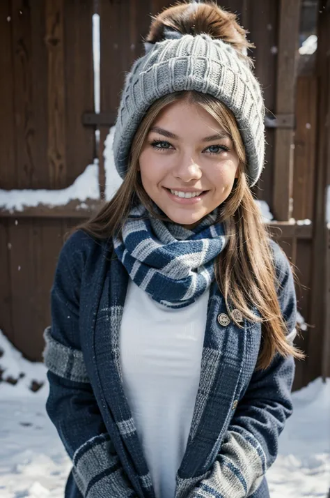 chica modelo que parece fergie, adolescente, en la nieve, sonrisa perfecta, bufanda, gorro