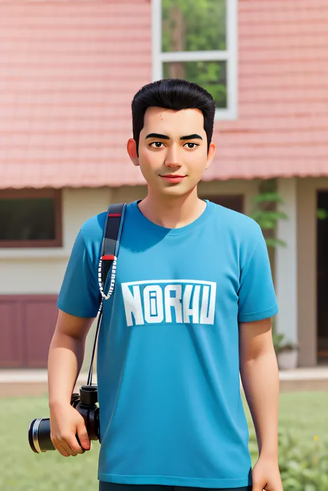 arafed man in blue shirt holding camera and standing in grass, casual photography, potrait, mohamed chahin style, avatar image, profesional photography, illustrator, profesional photo, protrait, nivanh chanthara, thawan duchanee, in tshirt, style of ade sa...