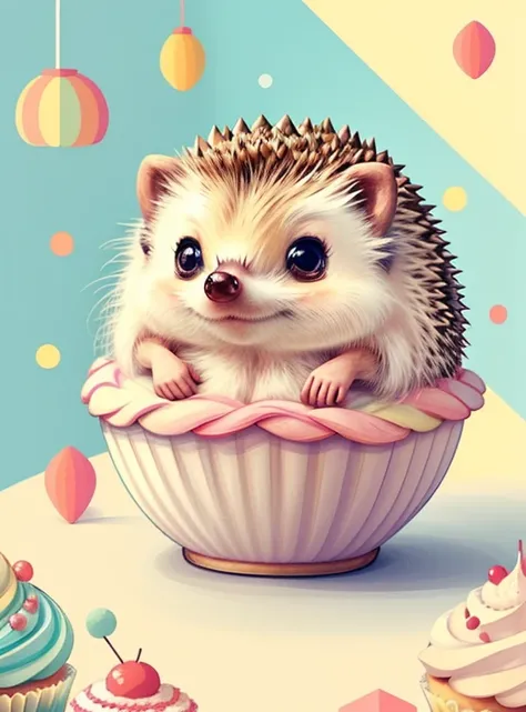 (cute baby hedgehog with a big cupcake), Munchkin ,Geometric multidimensional wall portrait, livro de arte, Tchibi,
Yang08k, Beautiful, Colouring,
Obras, of the highest quality, best quality, Arte Oficial, Beautiful and Aesthetic,