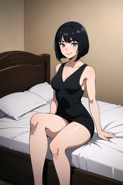 1 girl, teen uncensored, black hair color hair, with short black hair, Medium hair, bob hair, 黑The eye, little black dress, , ssmile, Big , Bedrooms, sit on a bed, A sexy pose, Wu live, tmasterpiece, high high quality.