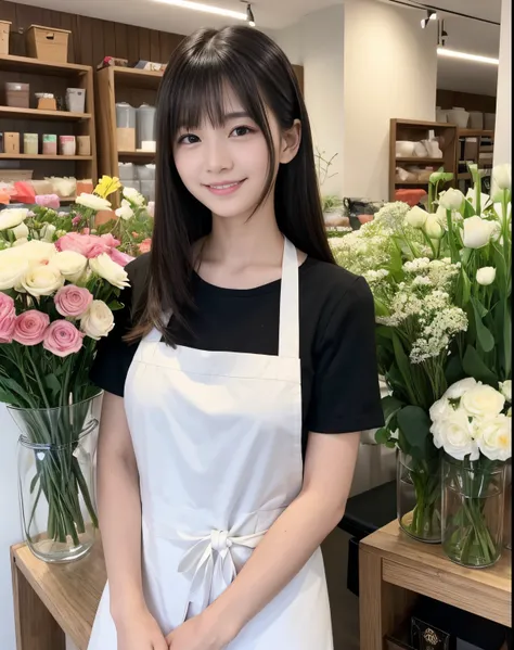 masutepiece、hight resolution、Florist clerk、22-year-old girl、１Girl clerk、She wears a simple black apron over her blouse、Looking at the camera.、smil、Finish as shown in the photo、Flowers and girls、the skin is white and beautiful、Hair is long and beautiful、A d...