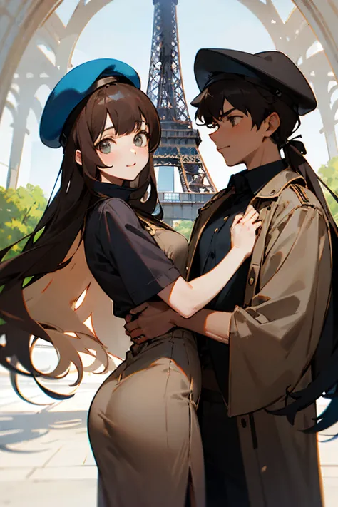 draw two people, a tall, brown, thin guy, with a large blue, gray and black t-shirt, next to a beautiful girl, with long hair and bangs, wearing a brown dress and a black beret. In the background is the Eiffel Tower