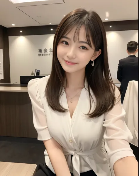 masutepiece、hight resolution、Company Secretary、Beauty Secretary、Career Woman、22-year-old girl、１girl with、Looking at the camera、The background is the company reception、smil、Finish as shown in the photo、a beauty、the skin is white and beautiful、Hair should be...