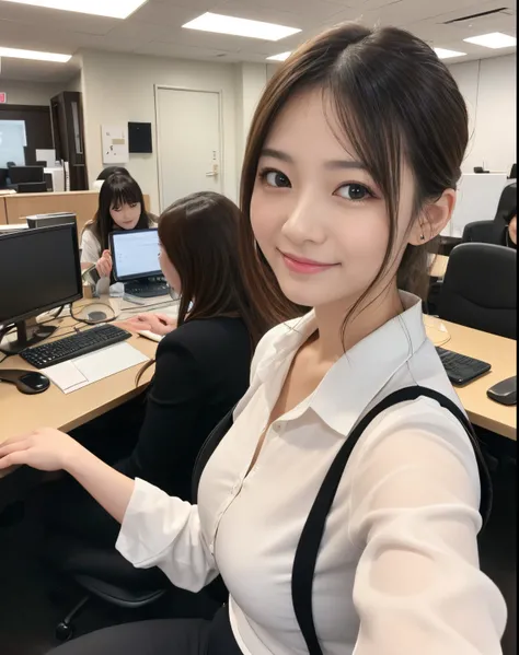 masutepiece、hight resolution、Company Secretary、Beauty Secretary、Career Woman、22-year-old girl、１girl with、Looking at the camera、The background is a large office、smil、Finish as shown in the photo、a beauty、the skin is white and beautiful、Hair should be tied b...