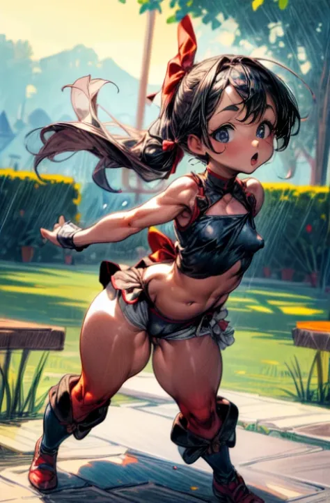 ((masterpiece:1)),((best quality:1)), 1girl, low ponytail, shiny hair, side bangs, parted bangs, outdoors, garden, full body, sunset, smile, (nipple contour:1.2), hand on hip,
(Thin waist:1.5), red bow, white camisole, crop top, (child bearing hips:1.7), (...