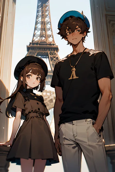 draw two teenagers, a tall, brown, thin guy, with a large blue, short hair, gray and black t-shirt, next to a beautiful girl, with long brown hair and bangs, wearing a brown dress and a black beret. In the background is the Eiffel Tower