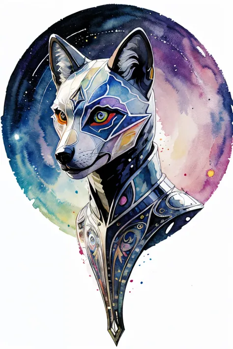 a detailed HD Multi-colored wolf faced space alien creature with triangular scales and large reflective eyes in the style of art nouveau paint splatter watercolor white background