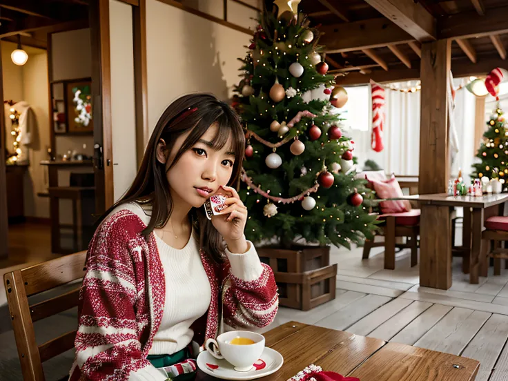 a beatufiul japanese woman dressed in holiday clothes drinking egg nog and sitting by a christmas tree