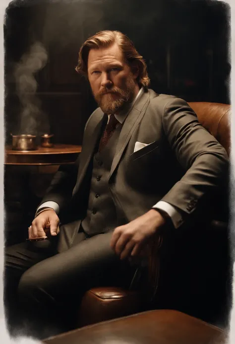 A photo of Harvey sitting in a dimly lit cigar lounge, surrounded by a cloud of smoke, with a sardonic smirk on his face as he lazily puffs on a cigar.,Gotham,Harvey is an older male, with ginger and grey shaggy hair and beard, wears a suit and tie and fed...