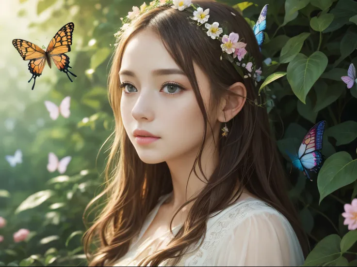 (best quality,4k,8k,highres,masterpiece:1.2),ultra-detailed,realistic,portrait,painting,beautiful detailed eyes,beautiful detailed lips,whimsical girl with flowers in her hair,peaceful expression,green plants surrounding her,captivating gaze,soft and natur...