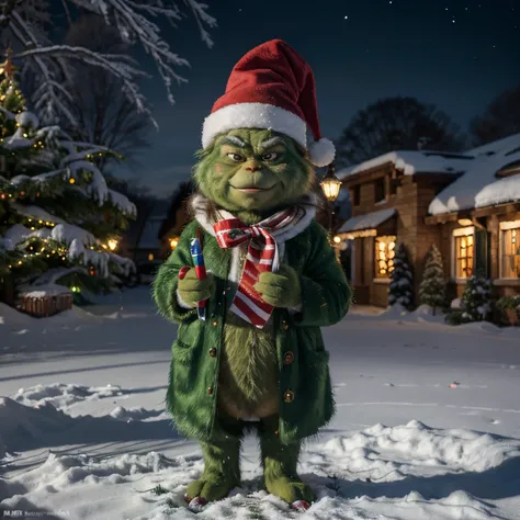 (best quality,4k,8k,highres,masterpiece:1.2),ultra-detailed,(realistic,photorealistic,photo-realistic:1.37),green face,whimsical expression,Grinch with Santa hat,Grinch holding a cane with candy cane pattern,smoking candy cane,Grinch wearing a pair of Air ...