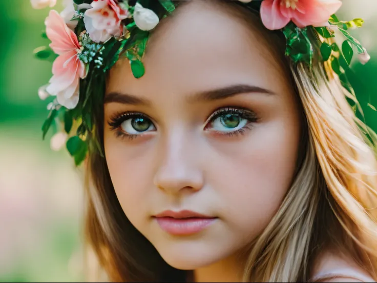 (girl,flowers,plants,nature:1.2),floral crown,beautiful detailed eyes,beautiful detailed lips,greenery all around,soft sunlight,bokeh,portrait,botanical,watercolor,pastel colors,vibrant,dreamy,ethereal:1.1