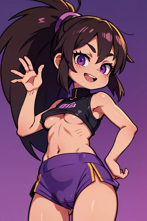 brown skinned anime adult, purple eyes, wearing a gamer outfit, black long hair, beautiful, petit, skinny, ponytail hair, small boobs, waving hand and has big smile, cameltoe