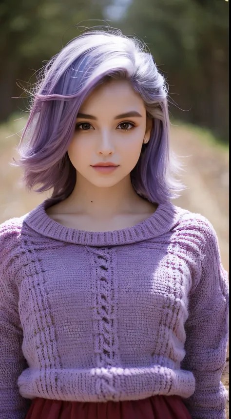 Menina bonita, menina jovem, 23 anos, Cabelo absurdamente longos, cabelo pintado de roxo, Mulher japonesa, com roupas de inverno, fundo de inverno, realista