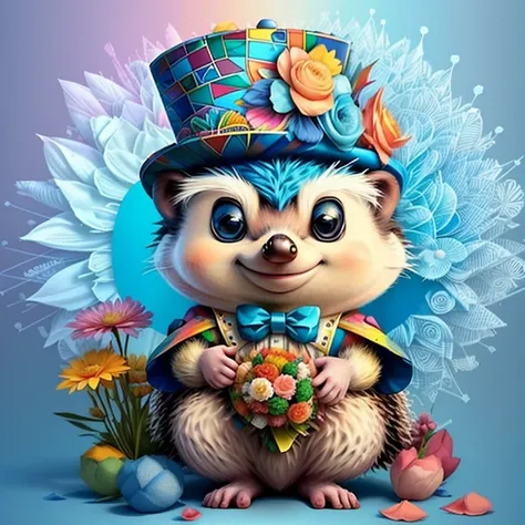 (cute baby hedgehog with blue top hat holding flowers),(melhor pose),(best angle), (better expression), Eduardo Kobra acolchoamento ,multidimensional geometric wall PORTRAIT, arte, Chibi,
Yang08k, lindo, Colouring,
Primary works, qualidade superior, melhor...