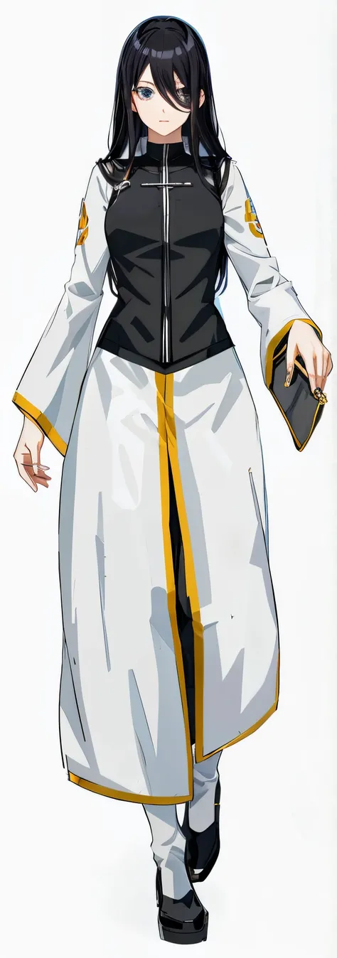 anime character dressed in white and black outfit with a purse,