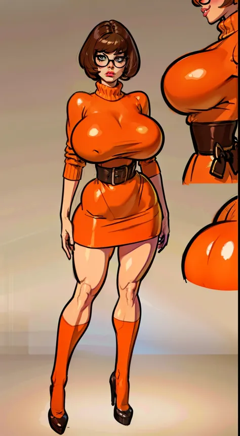 ((Velma)) scooby doo, thick black glasses, reference sheet, concept character, character design, sketch,doodletits,, sexy lips, (gigantic breasts:1.2), breasts, official illustration, short brown hair, orange oversized sweater, red skirt, illustration, det...