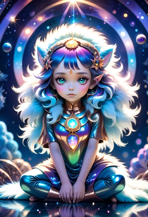 "young girl from the stars, (shimmering fur), celestial antennae, shell of wonder, planetary dreamscape, (cosmic enchantment), s...