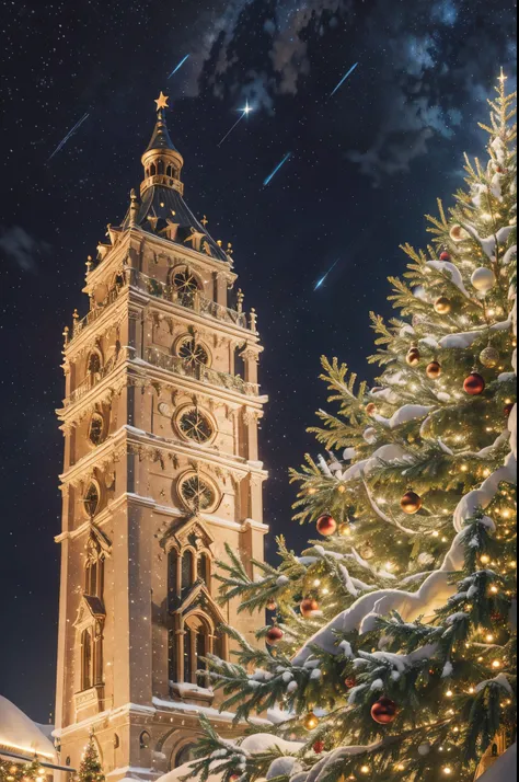 A very detailed image of a bell tower and a christmas tree in a fantasy world, shooting stars in the sky, fairy atmosphere, night, snow, christmas balls