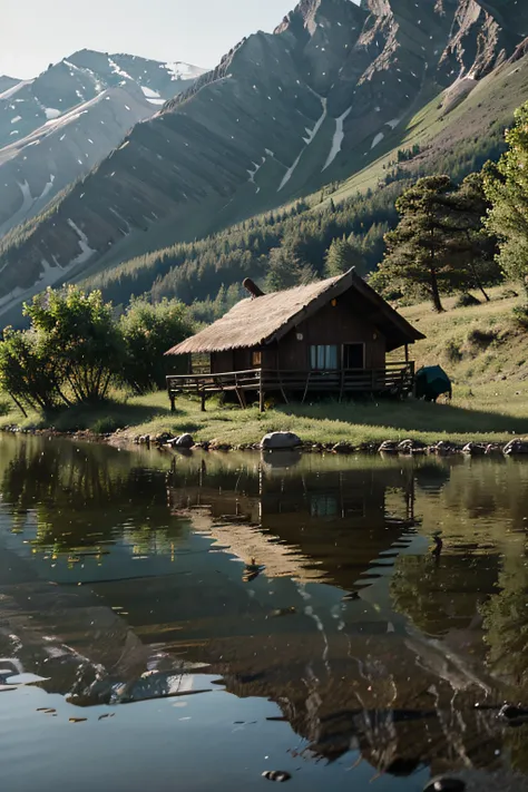 lonely remote hut near a lake