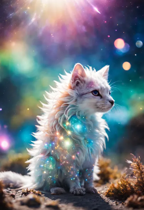 " Girl from the stars, (shimmering fur), celestial antennae, shell of wonder, planetary dreamscape, (cosmic enchantment), surreal artistry, vibrant and alien palette",kneeling, wide shot, f/1.8, bokeh