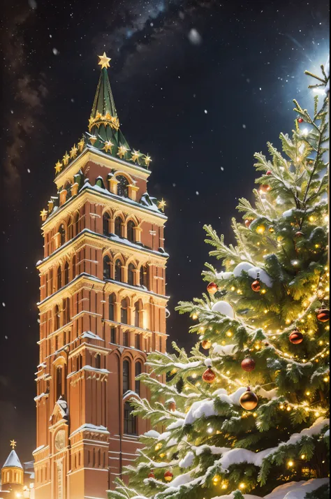 A very detailed image of a cremlin tower and a christmas tree, (cremlin:1.5), Moscow, starry night, (snow:1.2), (christmas balls:1.2)