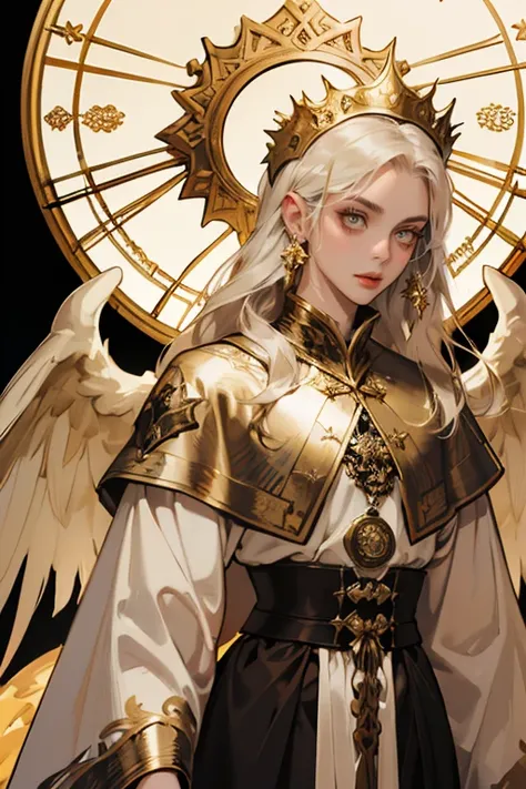 ember, black skin, golden eyes, Golden halo, Golden Lips, Medieval times, fantasy, beautiful clothing, ornaments, embroidery on clothes, wings made of bones