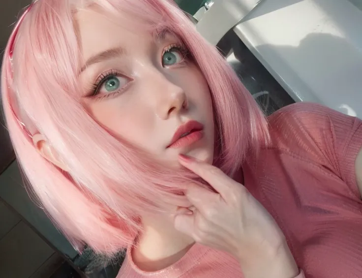 young woman, porcelain skin, long bubblegum pink hair, big pink lips, big emerald green eyes, pink eyebrows, red clothes, Sakura Haruno, 3d, realism, swords