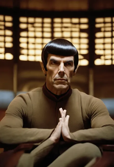 A photo of Spock in a Vulcan meditation chamber, deep in thought with eyes closed and hands clasped in a traditional meditation pose.,Star Trek,Spock, the iconic character from “Star Trek,” is distinguished by his unique Vulcan appearance: sharp, angular f...