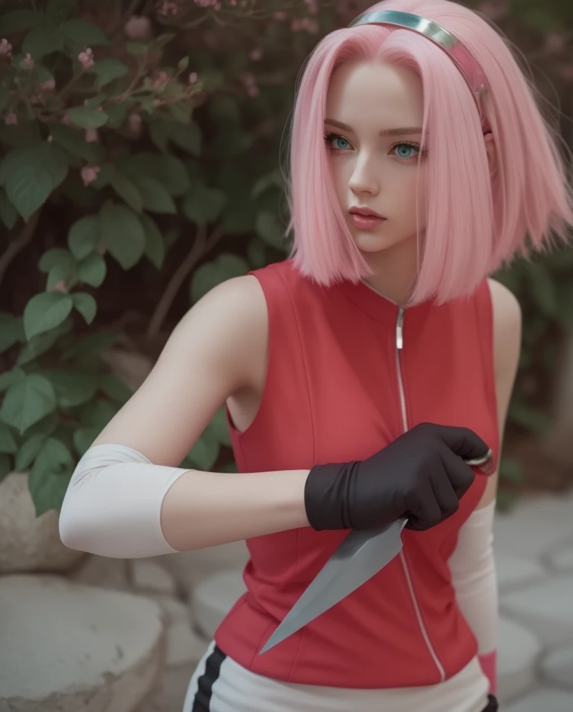 young woman, porcelain skin, long bubblegum pink hair, big pink lips, big emerald green eyes, pink eyebrows, red clothes, Sakura Haruno, 3d, realism, swords