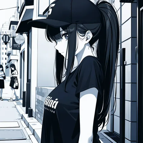 Girl, side portrait, black and white,Spicy accessories,Sporty style, Casual T-shirt, Confident gaze, Monochrome color scheme, looking at the side, Chic street fashion, Sloppy hands in pockets posing,cap,Long hair