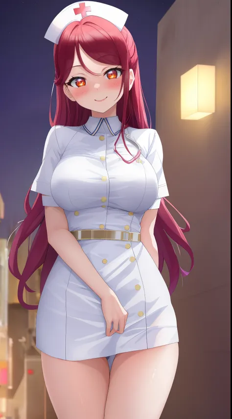 Masterpiece, sksrin, beautiful urban female model, white transparent clothes under empty night stars, facial details, detailed body part details, 8k wallpaper,  looking at viewer, hospital,sakurauchi riko, nurse custom, thighs, golden glowing eyes, cowboy ...