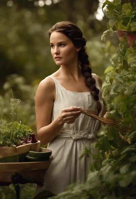 A photo of Katniss carefully tending to a small, hidden garden of herbs and vegetables.,The Hunger Games Trilogy,Katniss Everdeen, the protagonist of “The Hunger Games,” is characterized by her athletic build, olive skin, dark hair often styled in a practi...