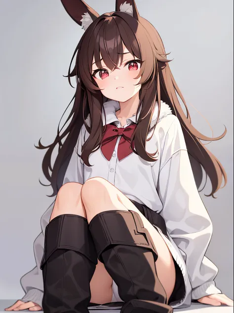 Cute anime girl, (13 years old), brown hair, red eyes, bunny ears, wearing a very short white thin undershirt, wearing an open brown jacket on top with a fluffy collar, wearing furry boots, fluffy fox tail