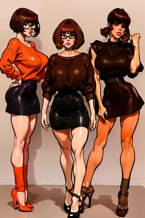 ((velma)) scooby doo, thick black glasses, reference sheet, concept character, character design, sketch,doodletits,, sexy lips, ...