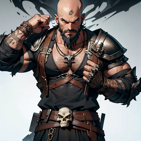 Musculous bald headed Viking Berserker with large beard. 2 skulls on his shoulders, leather armour covered in fur, necklace with sharp teeth on it. Best quality, 4k.