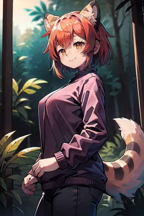 masterpiece, extremely detailed, volumetric light, 1girl, tiger themed succubus, orange hair, tiger ears, tiger tail, tiger eyes, smile, sunny, in a jungle, blushing, (beautiful detailed eyes)