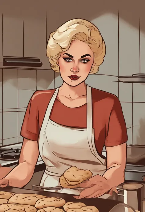 A photo of Suzan angrily attempting to bake cookies,original,Petite, short hair, dark eyes and light skin, angry and frustrated but serious , female