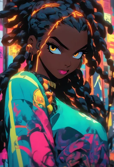 Pretty dark skin woman, hip-hop revival, rap rebel, headphones,::4 (graffiti artist tagging a wall with her insignia in neon spray paint) rebellious, alluring, challenging, paint spray can, heaphones, detailed glowing neon bodypaint,::4 exotic urban body a...