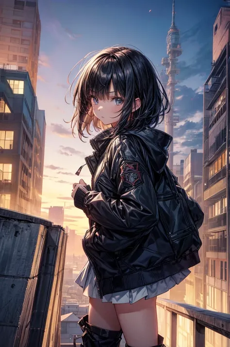 anime moe art style,Best Anime 8K Konachan Wallpapers,Badass Anime 8K,Perfect Anatomy, (Please draw a picture of a girl looking down on the city from the rooftop........)From diagonally above,overhead angle,BREAK, 1 That girl is a swordsman, (Solo,Lori,chi...