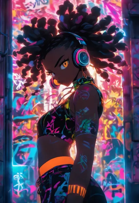 Pretty dark skin woman, hip-hop revival, rap rebel, headphones,::4 (graffiti artist tagging a wall with her insignia in neon spray paint) rebellious, alluring, challenging, paint spray can, heaphones, detailed glowing neon bodypaint,::4 exotic urban body a...