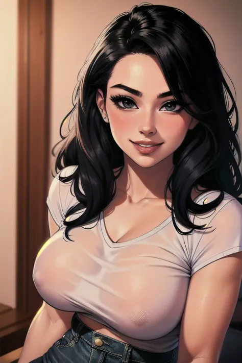 Amazing portrait of a sexy woman wearing her long straight luscious black hair, seductively gazing and smiling, soft lips, parted, blushing intensely, smiling, white t shirt, baggy jeans, medium chest, perfect body