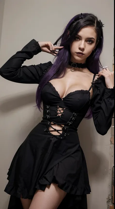 Menina bonita, menina jovem, 23 anos, Cabelo absurdamente longos, cabelo pintado de roxo, goth woman, with gothic dress, corpo perfeito, mulher apaixonada, realista