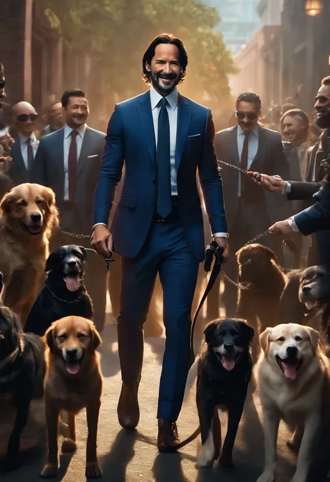 A photo of a hit man standing in a stylish suit, holding a leash with a big smile on his face as a pack of dogs surrounds him.,original,John Wick, male