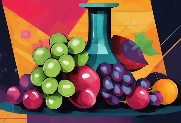 still life with grapes, oscuridad, rotulador negro, pinceladas pesadas, pinceladas brillantes, textura canvas, fondo negro