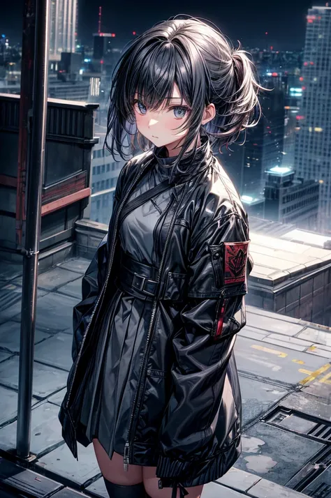 anime moe art style,Best Anime 8K Konachan Wallpapers,Badass Anime 8K,Perfect Anatomy, (Please draw a picture of a girl looking down on the city from the rooftop...........)From diagonally above,overhead angle,BREAK, 1 That girl is a female swordsman, (Sol...