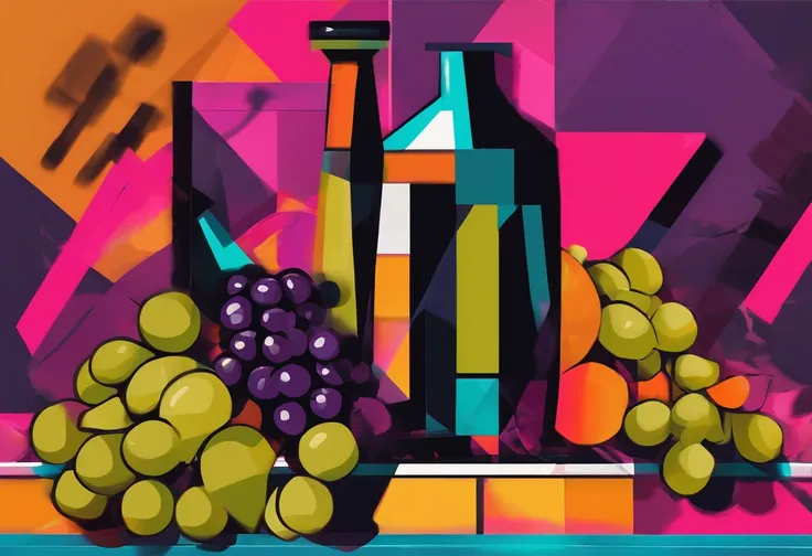 still life with grapes, oscuridad, rotulador negro, trazos negros muy marcados, textura canvas, fondo negro