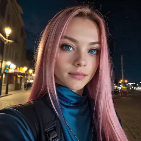 (taking selfies, Plan: 1.4), (The right half of the torso: 1.4), Portrait photo of a 20-year-old pink-haired girl in RAW UHD format (Blue-eyed woman) Walk down the dark alley, big breastes,, night city, (rock), (neck), specificity (cloth! , cabelo! , shine...