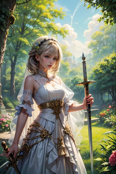 "((Whimsical)) painted scene, soft pastel tones, charming young ((girl)) adorned with flowers, magical sword, rustic altar in a peaceful glade, whimsical tree, fluffy clouds, fantasy world, (ultra-detailed), ((enchanting))