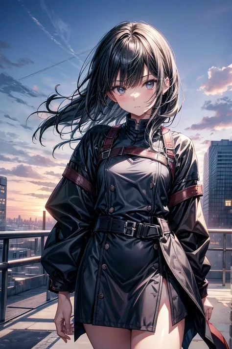 anime moe art style,Best Anime 8K Konachan Wallpapers,Badass Anime 8K,Perfect Anatomy, (Please draw a picture of a girl looking down on the city from the rooftop...........)From diagonally above,overhead angle,BREAK, 1 That girl is a female swordsman, (Sol...